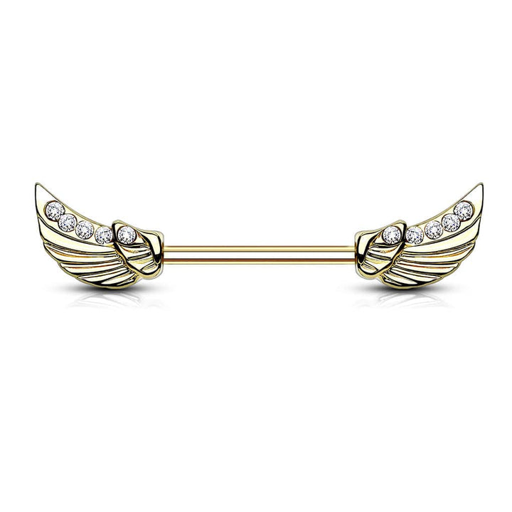 Gold Plated Surgical Steel Wing Nipple Ring with White Gems - Pierced Universe
