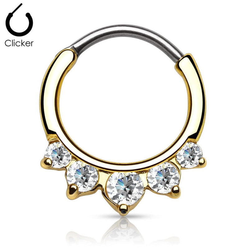 Gold Plated White Clear 5 Prong Set CZ Round Septum Ring Curved 316L Surgical Steel Bar Clicker - Pierced Universe