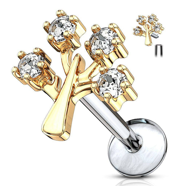 Gold Plated White CZ Tree Of Life Internally Threaded Labret Gold Plated White CZ Tree Of Life Internally Threaded Labret