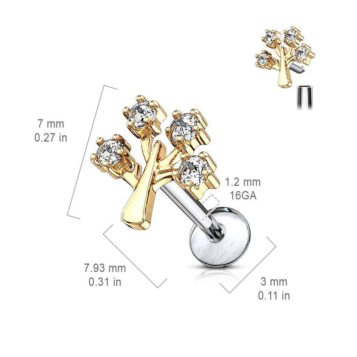 Gold Plated White CZ Tree Of Life Internally Threaded Labret - Pierced Universe