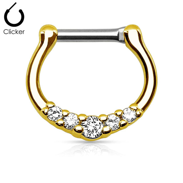 Gold PVD 5 Prong White CZ Septum Ring Surgical Steel Bar Clicker - Pierced Universe