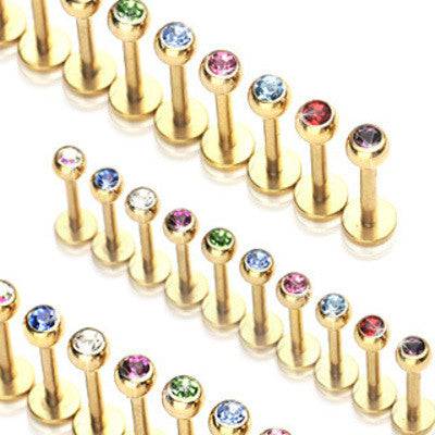Gold PVD Flat Back Labret Stud Cartilage Ring with Ball and CZ Gem - Pierced Universe