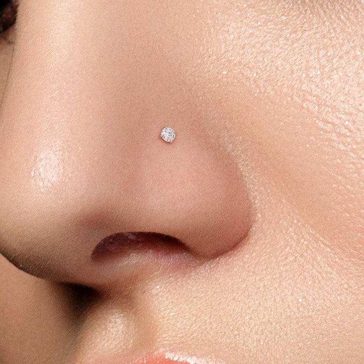 Gold PVD over Surgical Steel White Round CZ Prong Gem Ball End Nose Ring Stud - Pierced Universe