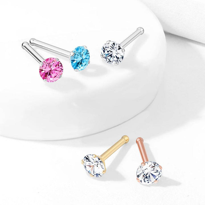 Gold PVD over Surgical Steel White Round CZ Prong Gem Ball End Nose Ring Stud - Pierced Universe