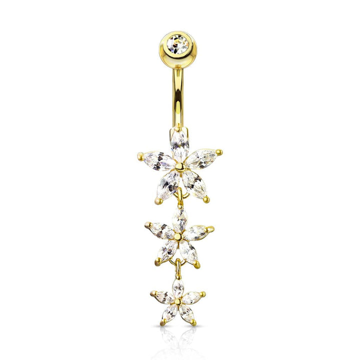 Gold PVD Surgical Steel 3 White CZ Flower Dangle Belly Ring - Pierced Universe