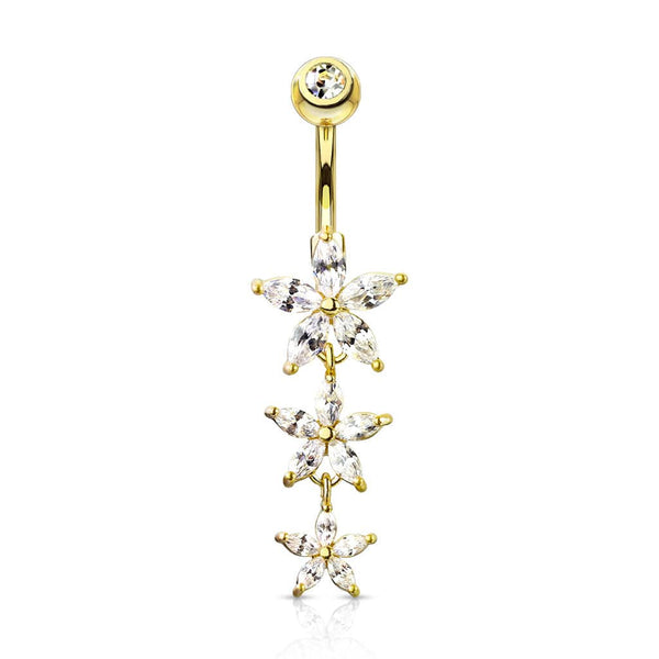 Gold PVD Surgical Steel 3 White CZ Flower Dangle Belly Ring - Pierced Universe