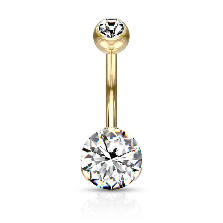 Gold PVD Surgical Steel Classic White 8mm CZ Gem Belly Ring - Pierced Universe