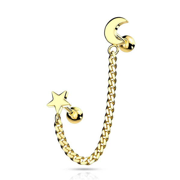 Gold PVD Surgical Steel Crescent Moon & Star Chain Link Barbell Studs - Pierced Universe