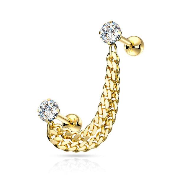 Gold PVD Surgical Steel Double Chain Link Ball Back CZ Barbell Studs - Pierced Universe