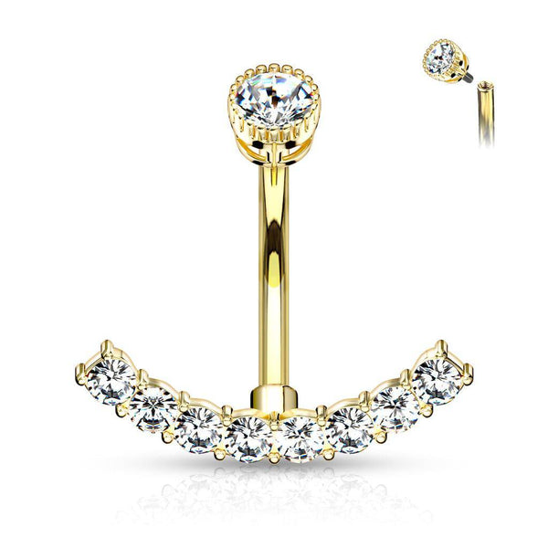 Gold PVD Surgical Steel Internally Threaded Belly Ring with White CZ Curved Bottom - Pierced Universe