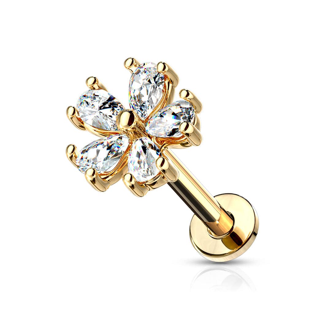 Gold Inverted Labret Gold Surgical Steel Internally Threaded White Flower CZ Flat Back ...