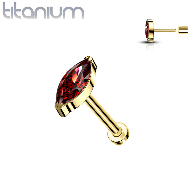 Implant Grade Titanium Gold PVD Threadless Push In Labret Red Marquise CZ Stud - Pierced Universe