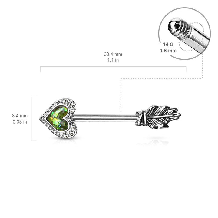 Green Opal Heart & Feather Arrow Surgical Steel Nipple Ring Barbell - Pierced Universe