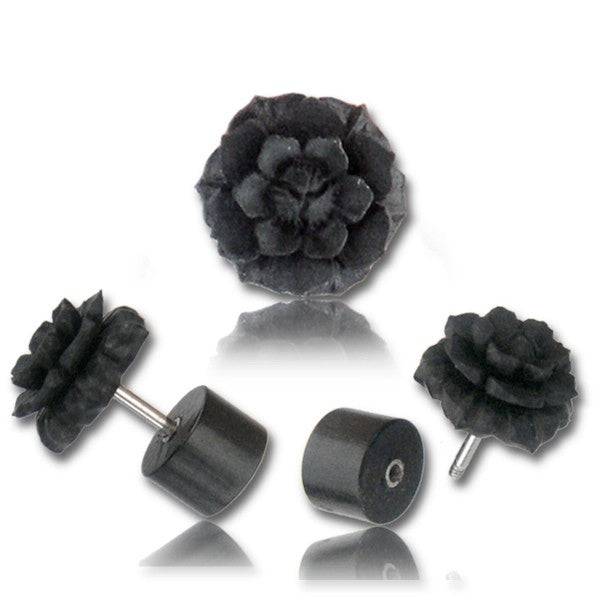 Hand Carved Black Areng Wood Flower Screw On Fake Cheater Plugs Earrings - Pierced Universe