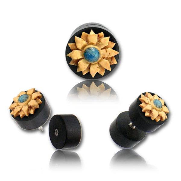 Hand Carved Black Areng Wood with Turquoise Flower Screw On Fake Cheater Plugs Earrings - Pierced Universe