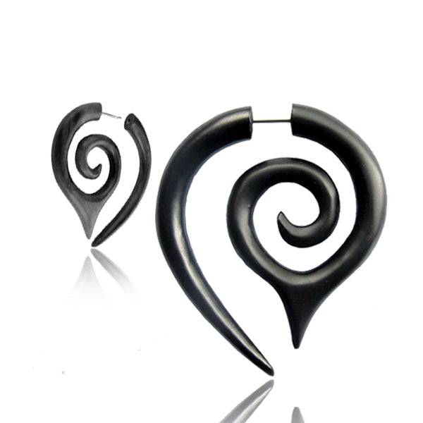 Hand Carved Black Narra Wood Tribal Fake Ear Spiral - Pierced Universe