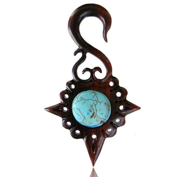 Hand Carved Organic Narra Wood Turquoise Stone Ear Claw Spiral Expander - Pierced Universe