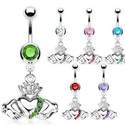 Heart and Crown CZ Gem Claddagh Belly Button Navel RIng - Pierced Universe