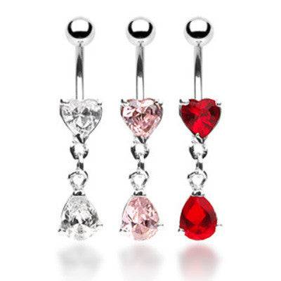 Heart with Heart Teardrop Short CZ Surgical Steel Dangle Belly Button Navel Ring - Pierced Universe