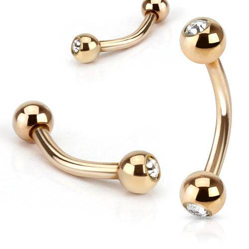 High Polished Rose Gold Plated Surgical Steel Curved Barbell with Gem Ball Ends - Pierced Universe