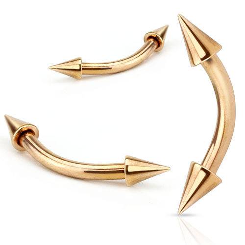 High Polished Rose Gold Plated Surgical Steel Curved Barbell with Spike Ends - Pierced Universe