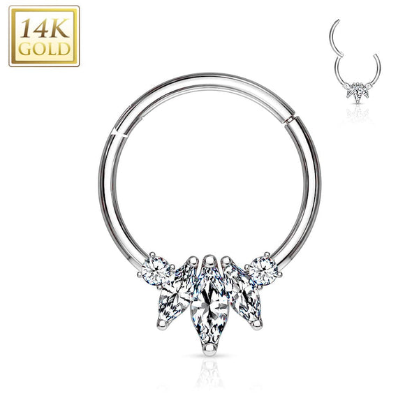 Hinged 14KT White Gold Septum Ring Clicker Hoop with 3 White CZ Marquise Crystals - Pierced Universe