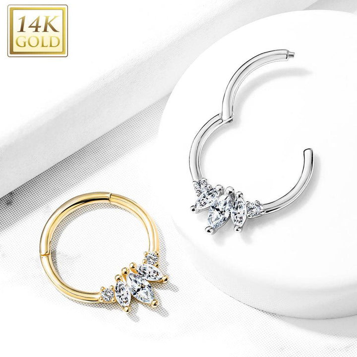 Hinged 14KT White Gold Septum Ring Clicker Hoop with 3 White CZ Marquise Crystals - Pierced Universe