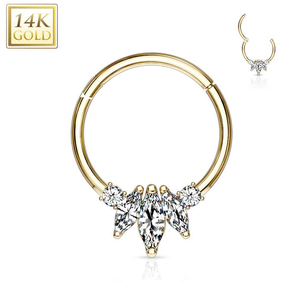 Hinged 14KT Yellow Gold Septum Ring Clicker Hoop with 3 White CZ Marquise Crystals - Pierced Universe