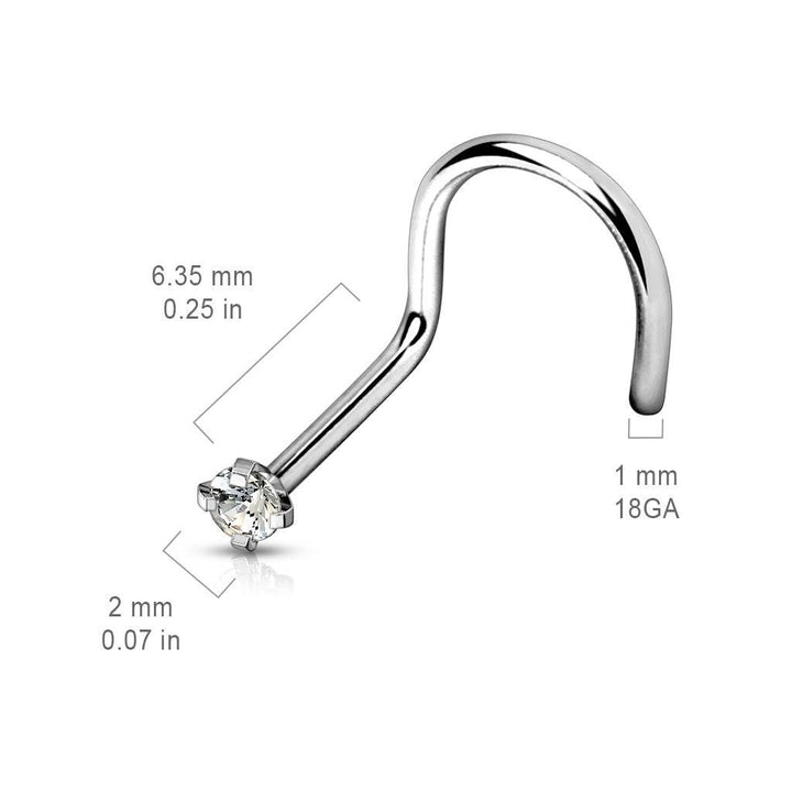 Implant Grade Titanium Corkscrew Nose Ring Stud with Prong White CZ Gem - Pierced Universe