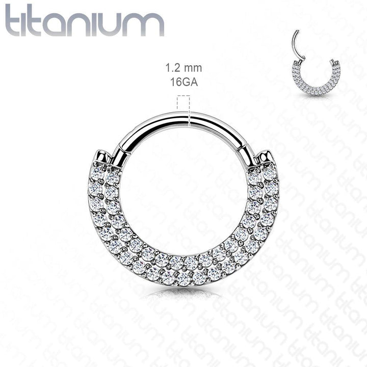 Implant Grade Titanium Double Row White CZ Pave Daith Ring Clicker Hoop - Pierced Universe