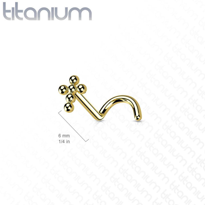 Implant Grade Titanium Gold PVD Corkscrew Beaded Cross Nose Stud Ring - Pierced Universe