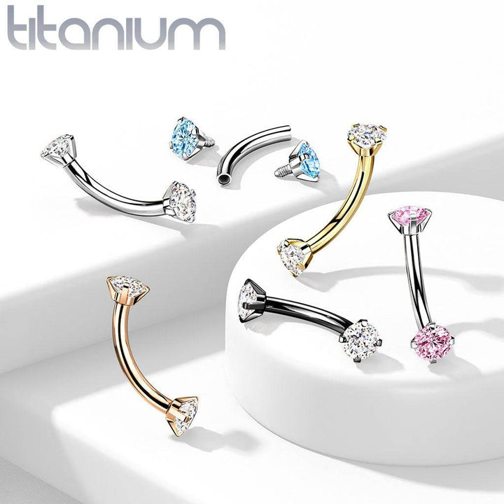 Implant Grade Titanium Gold PVD Curved Barbell Internally Threaded White CZ - Pierced Universe