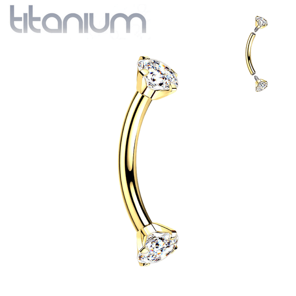 Implant Grade Titanium Gold PVD Curved Barbell Internally Threaded White CZ - Pierced Universe