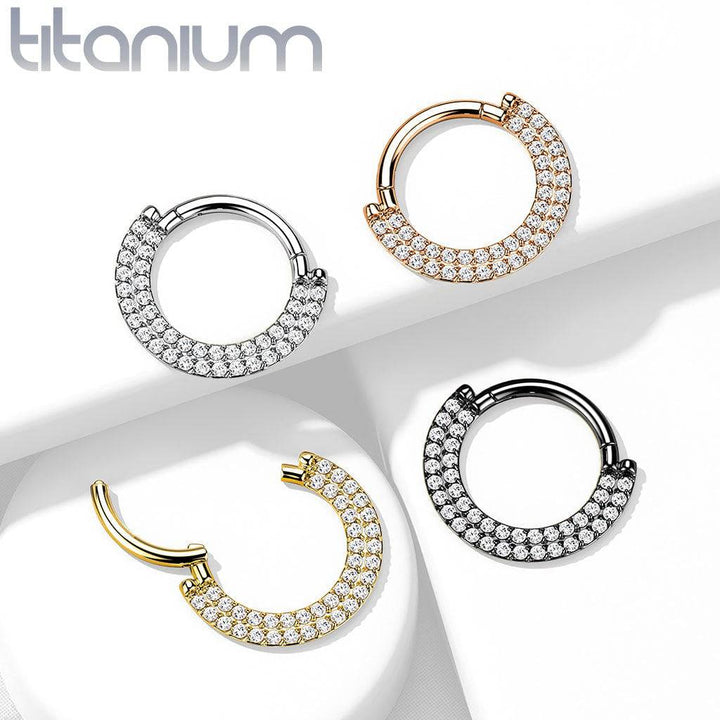 Implant Grade Titanium Gold PVD Double Row White CZ Pave Daith Ring Clicker Hoop - Pierced Universe
