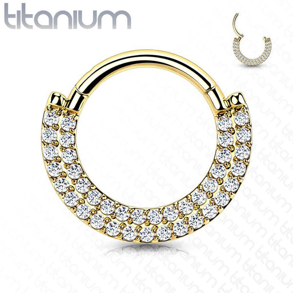 Implant Grade Titanium Gold PVD Double Row White CZ Pave Daith Ring Clicker Hoop - Pierced Universe