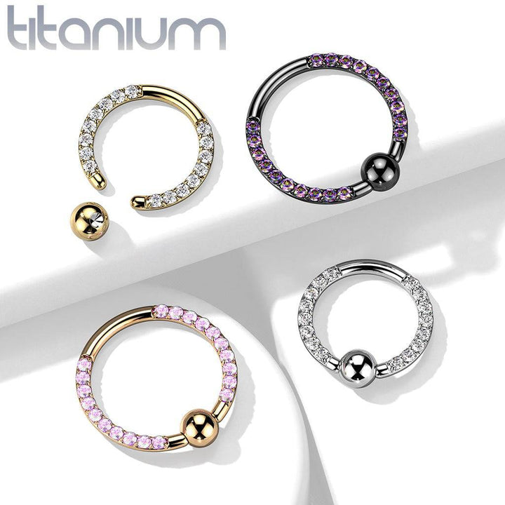 Implant Grade Titanium Gold PVD Front Facing White CZ Pave CBR Hoop Ring - Pierced Universe