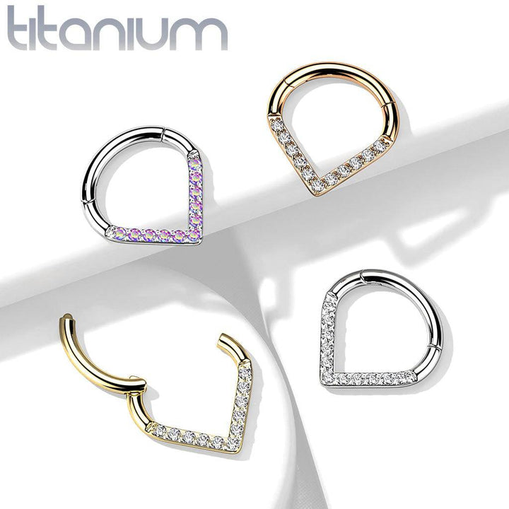 Implant Grade Titanium Gold PVD V Shaped Septum Ring Clicker Hoop White CZ Gems - Pierced Universe