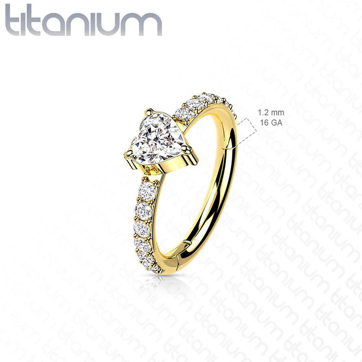 Implant Grade Titanium Gold PVD White CZ With Heart Shaped Center Hinged Clicker Hoop - Pierced Universe