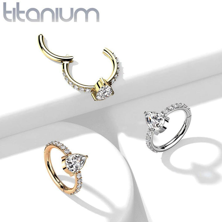 Implant Grade Titanium Gold PVD White CZ With Pear Shaped Center Hinged Clicker Hoop - Pierced Universe