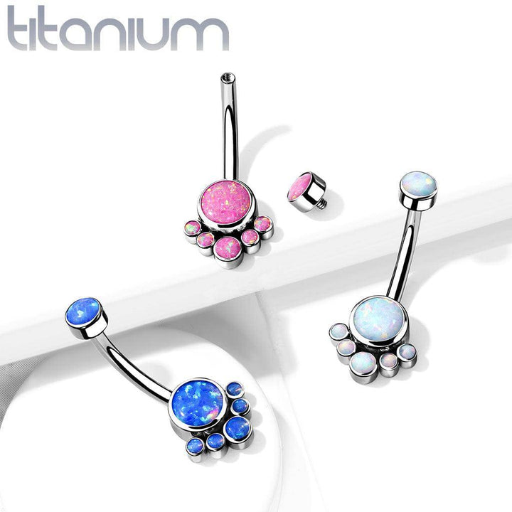 Implant Grade Titanium Internally Threaded Blue Opal Bezel Cluster Belly Ring - Pierced Universe