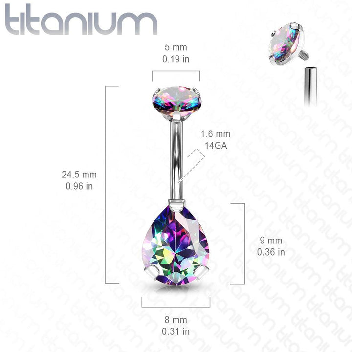 Implant Grade Titanium Internally Threaded Pear Tear Drop Aqua CZ Belly Ring - Pierced Universe