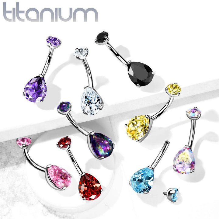 Implant Grade Titanium Internally Threaded Pear Teardrop Purple CZ Belly Ring - Pierced Universe