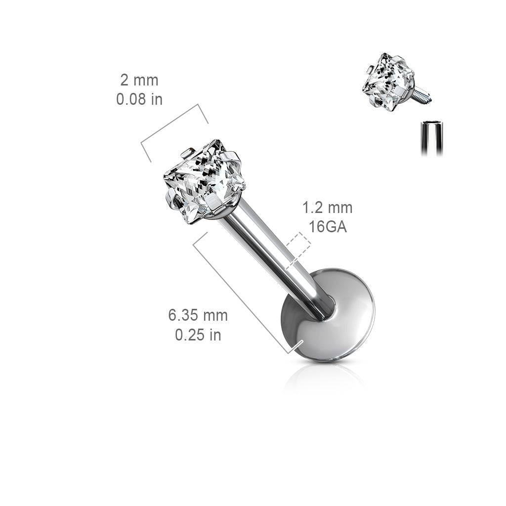 Implant Grade Titanium Internally Threaded Prong Square CZ Labret ...