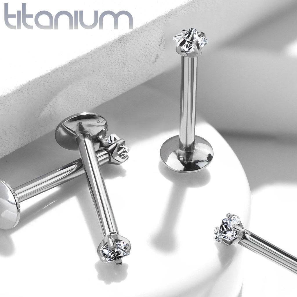 Implant Grade Titanium Internally Threaded Prong Square CZ Labret ...