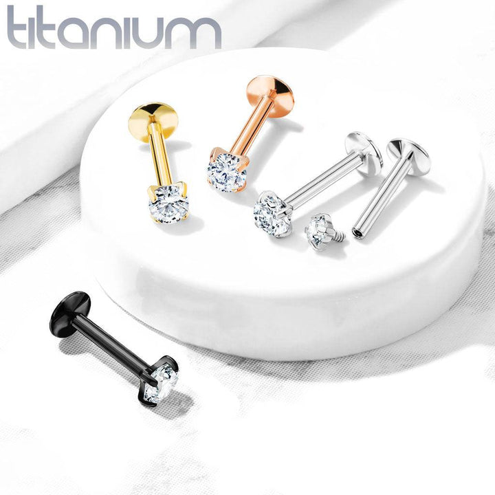 Implant Grade Titanium Internally Threaded Rose Gold PVD Plated White CZ Labret - Pierced Universe