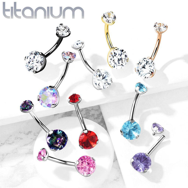 Implant Grade Titanium Internally Threaded Rose Gold PVD White CZ Prong Belly Button Navel Ring - Pierced Universe