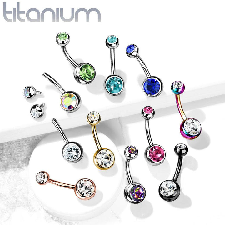 Implant Grade Titanium Rainbow PVD Double Ball White CZ Gem Belly Ring - Pierced Universe