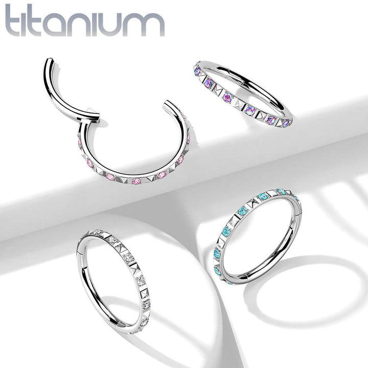 Implant Grade Titanium Ridged With Aqua CZ Gems Hinged Hoop Clicker Ring - Pierced Universe