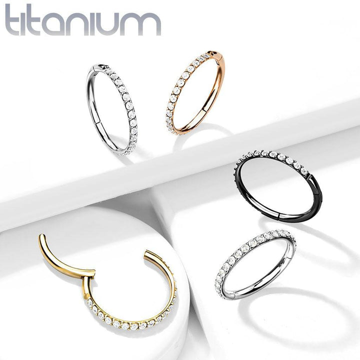 Implant Grade Titanium Rose Gold PVD Easy Hinged White CZ Pave Clicker Hoop - Pierced Universe