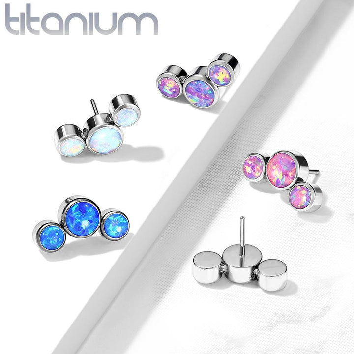 Implant Grade Titanium Threadless Push In Cartilage 3 Gem Curved Blue Opal Labret with Flat Back - Pierced Universe